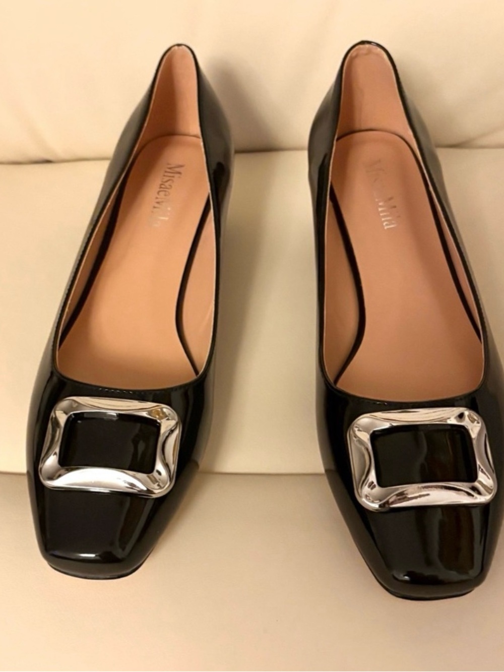 Black Patent Square-Toe Flats with Chrome Buckle Accent